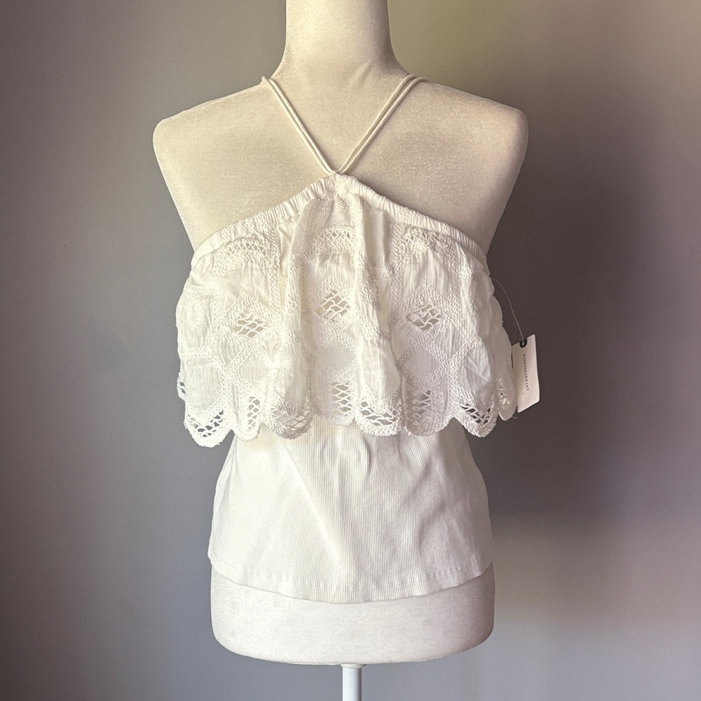 NWT ANTHROPOLOGIE White Ruffled Halter Embroidered Crochet Tank Blouse